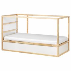 a wooden bunk bed with white mattresses and storage drawers on the bottom shelf, against a white background