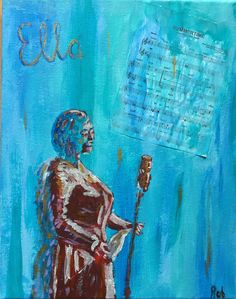 an acrylic painting of a woman holding a stick and writing on a sheet of paper