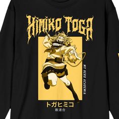 Unleash your inner villain with this men's black My Hero Academia crew neck long sleeve shirt. This shirt features a custom design showcasing Himiko Toga, one of the series' iconic characters, on a vibrant yellow background. Her name is spelled out in bold yellow letters, adding to the striking aesthetic. Kanji letters decorate the left sleeve, further enhancing the design. Made with a blend of cotton and polyester, this shirt offers both comfort and durability. Show your love for My Hero Academ Band Merch Long Sleeve T-shirt With Character Print, Black Anime Print Crew Neck Sweatshirt, Character Print Long Sleeve Sweatshirt For Fans, Black Long Sleeve Top With Character Print, Long Sleeve Anime Print Top For Fans, Long Sleeve Character Print T-shirt For Streetwear, Anime Print Long Sleeve Top For Fans, Long Sleeve Top With Anime Print For Fans, Long Sleeve T-shirt With Character Print For Streetwear