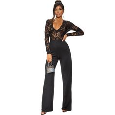 Black Lace Splice Slim Fit Jumpsuit Elegant Black Jumpsuits And Rompers For Club, Elegant Black Jumpsuit For Club, Elegant Black High Waist Bodysuit, Elegant High-waist Black Bodysuit, Elegant Black High-waist Bodysuit, Elegant Black Bodysuit, Black Long Sleeve Jumpsuit, Black Lace Jumpsuit, Slim Jumpsuit