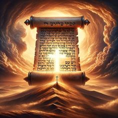 an illuminated scroll with the word of god in it surrounded by mountains and clouds, under a cloudy sky