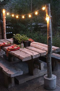 a wooden table with lights strung over it and some plants on top of the table