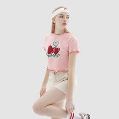 Features: Slim fit Short sleeves Heart & letter print design Material: 94.4% cotton, 5.6% spandex Costume Bags, Heart Letter, Pink M, Print Crop Tops, Slim Fit Shorts, White Crop Top, Bra Set, Letter Print, Letter Prints