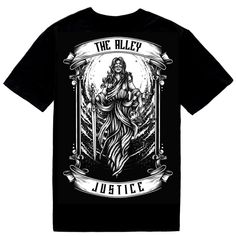 Gothic Lady Justice Tshirt: Gothic art style depiction of Lady Justice. HUGE print - 30% larger than our classic prints. Printed in white on solid black cotton men's cut tshirt. Black Crew Neck T-shirt With Custom Artwork, Black Band Merch T-shirt With Custom Artwork, Black Graphic Tee With Custom Artwork, Gothic Art Style, Classic Prints, Lady Justice, Mens Cuts, Gothic Art, Cut Tshirt