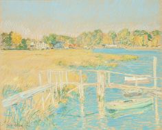 a pastel drawing of a boat tied to a dock by the water's edge