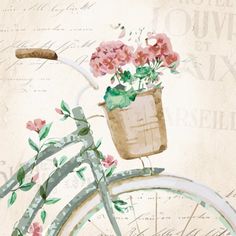 a painting of a bicycle with flowers in the basket