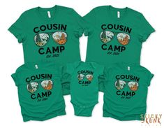 These cousin camp shirts are the perfect outfit for any family adventure or reunion - from the mountains to a beachside bonfire! + Custom back prints with names and numbers available! 🦨 --- ABOUT THIS ITEM --- ✦ 100% super soft cotton (fiber content may vary for different colors) ✦ Lightweight fabric ✦ Popular choice! ✦ T-shirts are Bella+Canvas, baby bodysuit is Rabbit Skins brand - please see size charts for details!   🦨 --- SIZING --- ✦ Please consult the size charts before purchase to ensu Family Matching Tops With Letter Print For Outdoor Activities, Family Matching Tops With Letter Print For Outdoor, Custom Print Summer Tops For Camping, Cousin Vacation Shirts, Disney Cousin Squad Shirts, Summer Camping Tops With Custom Print, Camping Crew Shirts, Green Letter Print T-shirt For Camping, Cousins Beach Shirt