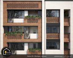 an apartment building with wooden balconies and plants on the balconies are shown