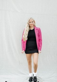 This matte faux leather jacket features a classic collared and button front fit with a slim tailored shape. Our has the look and feel of real leather and it's incredibly soft and supple, so it hangs well. Pair this easy blazer over dresses or with dress pants, or dress it down with jeans. Also available in black! runs true to size with a boyfriend cut you will love the pinstripe satin lining has some stretch model, Lauren is wearing a size small Spring Fitted Faux Leather Blazer, Trendy Leather Jacket With Lapel Collar For Spring, Fitted Faux Leather Outerwear For Spring, Spring Faux Leather Single Breasted Jacket, Fitted Faux Leather Jacket With Notch Lapel, Spring Faux Leather Single-breasted Jacket, Trendy Single Breasted Leather Jacket For Spring, Sleek Spring Blazer For Business Casual, Trendy Spring Single-breasted Leather Jacket