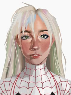 a woman with blonde hair and blue eyes wearing a spider - man suit is looking at the camera