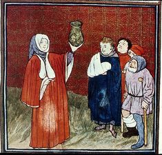 an illustration of three people standing in front of a man with a vase on his head