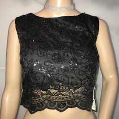 Macy's Brand City Studio Juniors Black Sparkly Lace Top / Blouse New With Tags Length: 22 In Underarm To Underarm: 17 In Sleeveless Lace Crop Top For Party, Sleeveless Lace Crop Top For Night Out, Black Lace Crop Top For Party, Lace Crop Top For Parties, Lace Party Crop Top, Elegant Lace Crop Top For Night Out, Black Lace Crop Top For Night Out, Black Lace Crop Top For Evening, Elegant Sleeveless Top For Prom