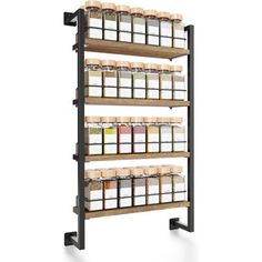 the spice rack is made from metal and has four shelves with spices on each shelf