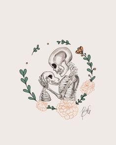 a drawing of a skeleton with flowers around it