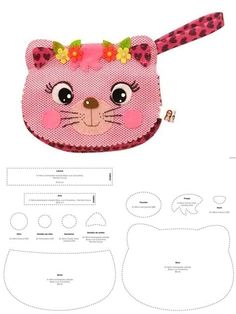 a pink purse with a cat face on it's side and instructions for how to make