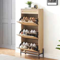 a wooden shoe rack filled with lots of shoes