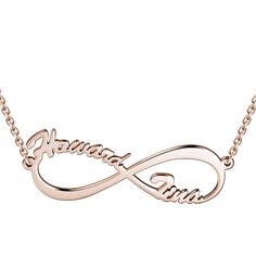 How sweet is this Infinity Name Necklace? It is a stylish design that looks stunning on its own or layered with other necklaces for a bolder look. From a delicate, but strong chain, hangs an infinity pendant that can be personalized with two words. Some great options include names, inspirational words, and short messages. Personalized jewelry is wonderful because it is unique and has meaning to the wearer. As a sweet gift idea, BFFs or couples could get their names put on one infinity symbol. Th Name Necklace Silver, Sweet Gift Ideas, Infinity Pendant, Infinity Necklace, Necklace Rose, Custom Name Necklace, Valentines Gifts For Her, Valentines Jewelry, Jewelry For Her