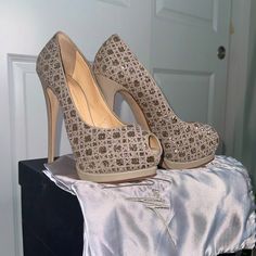 Brand New, Only Tried On In Store. Purchased At Wynn, Official Purchase Tag Still On The Box. Includes Dust Bag. Beige Rhinestone Heels For Evening, Evening Beige Heels With Rhinestones, Elegant Beige Heels With Rhinestones, Elegant Beige Rhinestone Heels, Glamorous Embellished Beige Heels, Elegant Beige Embellished Heels, Elegant Embellished Beige Heels, Beige Embellished Heels For Formal Occasions, Glamorous Beige Heels For Formal Occasions