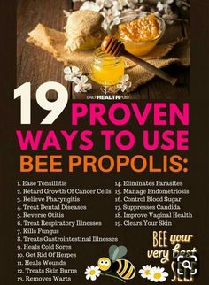 an advertisement for bee propols with honey and flowers on the wooden table in front of it