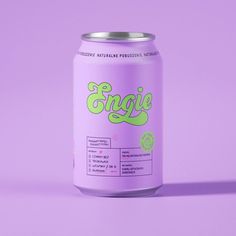 an empty can of purple beer on a purple background with the word engie printed on it