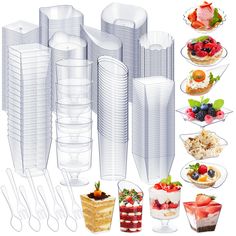 plastic food containers and forks are shown in this image, with different types of desserts