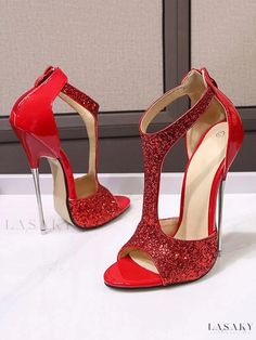 Lasaky - Womens Sparkling T Strap High Heel Sandals for a Glamorous Look Party T-strap Sandals With Round Toe, Elegant Synthetic T-strap Sandals For Party, Red Closed Toe Sandals For Party, Evening Synthetic T-strap Sandals, Party Closed Toe T-strap Sandals, Red T-strap Heels For Party, Red Open Toe Party Sandals, Glamorous Red Sandals For Wedding, Glamorous T-strap Sandals For Party