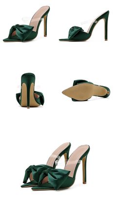 Bowdacious Silk Butterfly-knot Women slippers Mule with additional 2nd clear strap high heels Slippers Sandals with Pointed toe Strappy Slides perfect Party shoes Green Open Heel Mules For Party, Elegant Green Mules For Evening, Green High Heel Sandals For Party, Trendy Green Mules For Party, Green High Heel Party Sandals, Green Pointed Toe Sandals For Party, Green Pointed Toe Party Sandals, Elegant Green Open Heel Mules, Green Pointed Toe Mules For Party