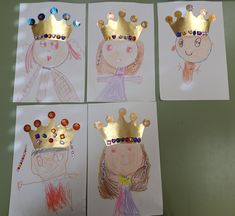 four children's drawings with crowns on them