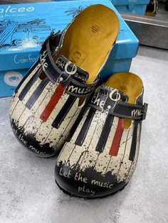 Black and White, Red Piano Pattern and Let the Music Play Written Patterned Clogs - CAL311 Red Piano, Art Boots, Let The Music Play, Girls Clogs, Black Piano, Red And White Flowers, Clogs And Mules, Shoe Art, Boot Bag