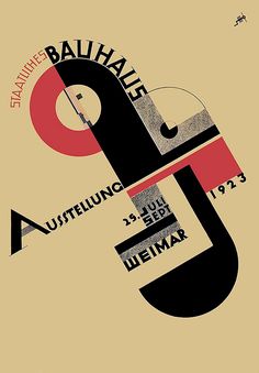 an abstract poster with the words bauhae and german letters in black, red, and white