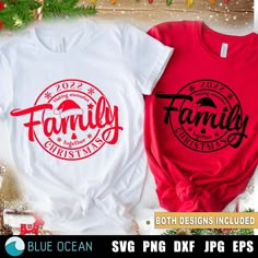 two t - shirts that say family christmas and both have the same design on them