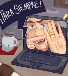 a cartoon drawing of a man holding his face in front of a laptop with the words tara sempre on it