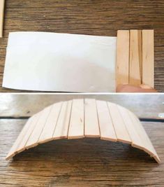 two pictures showing how to make a diy wooden bridge with popsticks and glue