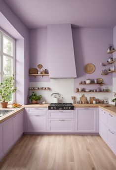 a kitchen with purple walls and wooden floors is pictured in this image, there are shelves on the wall above the stove