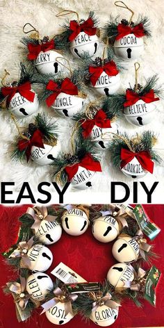 christmas wreath made out of ornaments with the words easy diy written on it and an image