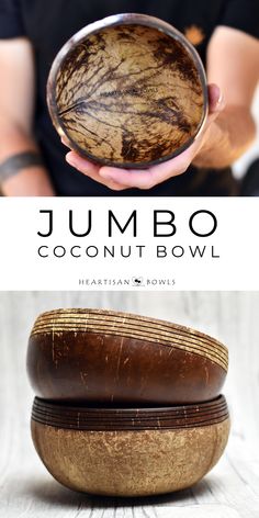 a person holding a bowl with coconuts in it and the title jumbo coconut bowl