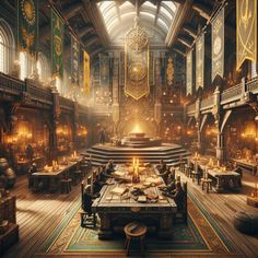 a large room filled with lots of tables covered in books and candles on top of wooden floors