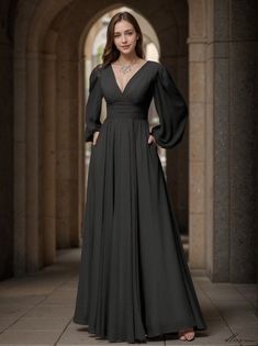 Gala Long Sleeve Maxi Dress With Ruched Bodice, Formal Full-length Gown With Ruched Bodice, Elegant Full-length Bridesmaid Maxi Dress, Floor-length Gown For Bridesmaids, Elegant Bridesmaid Full-length Maxi Dress, Solid Floor-length Gown For Bridesmaid, Bridesmaid Maxi Dress With Sweep Train, Solid Color Floor-length Evening Dress For Banquets, Formal Gown With Ruched Bodice And Long Sleeves