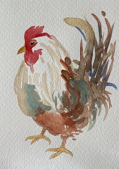 a watercolor painting of a rooster on white paper