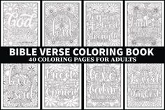 the bible verse coloring book is shown in black and white, with four different pages for adults