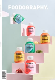 several bottles of different types of vitamins on top of each other with the words food photography above them