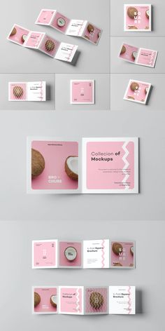 pink and white brochure with different images on the front, back and side