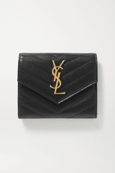 SAINT LAURENT's wallet has been made in Italy from quilted textured-leather and topped with the label's iconic 'YSL' plaque in gold. It's fitted with two cardholder slots and has space for cash or receipts.  Wear it with: [SAINT LAURENT Sweater id1239054]. Saint Laurent Sweater, Leather Wallet Design, Monogram Quilt, Ysl Wallet, Dream Bags, Teenage Outfits, Louis Vuitton Wallet Zippy, Quilted Wallet, Cute Wallets