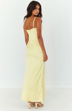 Yellow Maxi Dress 
The perfect maxi dress for your next formal or cocktail event. Elegant, stunning and chic - pair with nude heels to complete this gorgeous outfit! 

Maxi length 
Adjustable spaghetti straps 
Satin-like material 
Invisible zip up centre back
Gathered bust
Lined 
Light-weight material with no stretch 
Side leg split Prom Midi Dress, Yellow Maxi Dress, Honey Yellow, 60's Dress, Yellow Maxi, Leg Split, Long Bodycon Dress, Cocktail Event, Strapless Tops