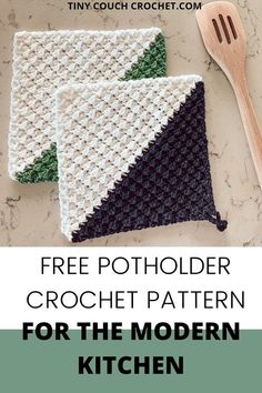 two crocheted potholders with the text, free pattern for the modern kitchen