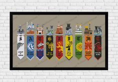 a cross stitch pattern with different colored banners