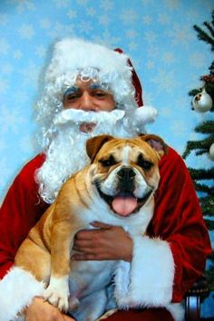 a man dressed as santa claus holding a dog