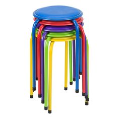 multicolored plastic stools stacked on top of each other