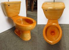 an orange toilet sitting next to a white wall with two pictures of the same toilet