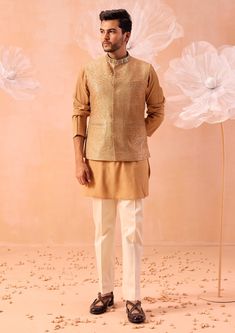 Khwaab Tonal Bundi Jacket And Kurta Set by Contrast By Parth, available on Indiaspopup.com Eid Nehru Jacket With Gota Work In Cotton Silk, Eid Cotton Silk Nehru Jacket With Gota Work, Elegant Chanderi Nehru Jacket For Festive Occasions, Wedding Cotton Silk Bandhgala With Gota Work, Cotton Silk Nehru Jacket For Wedding Long Sleeve, Festive Cotton Silk Bandhgala With Gota Work, Long Sleeve Cotton Silk Nehru Jacket For Wedding, Elegant Chanderi Nehru Jacket For Diwali, Elegant Nehru Jacket With Gota Work For Festive Occasions